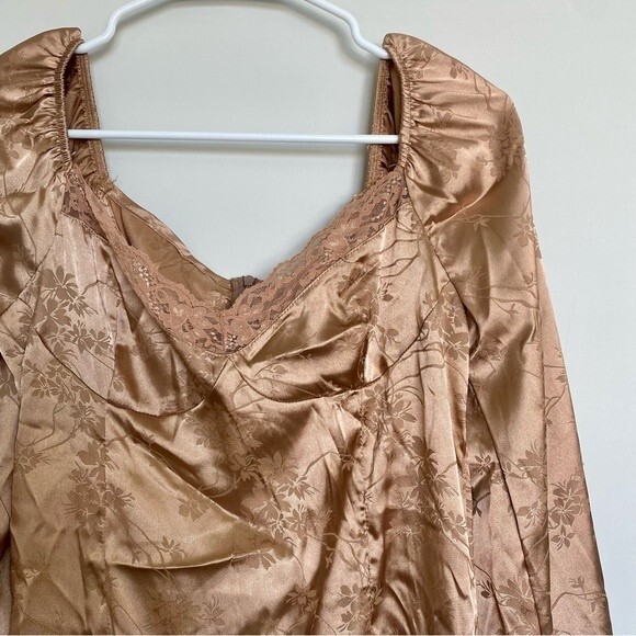 Shein Jacquard Satin Lantern Long Sleeve Mini Dress Gold Size Medium - Picture 2 of 9